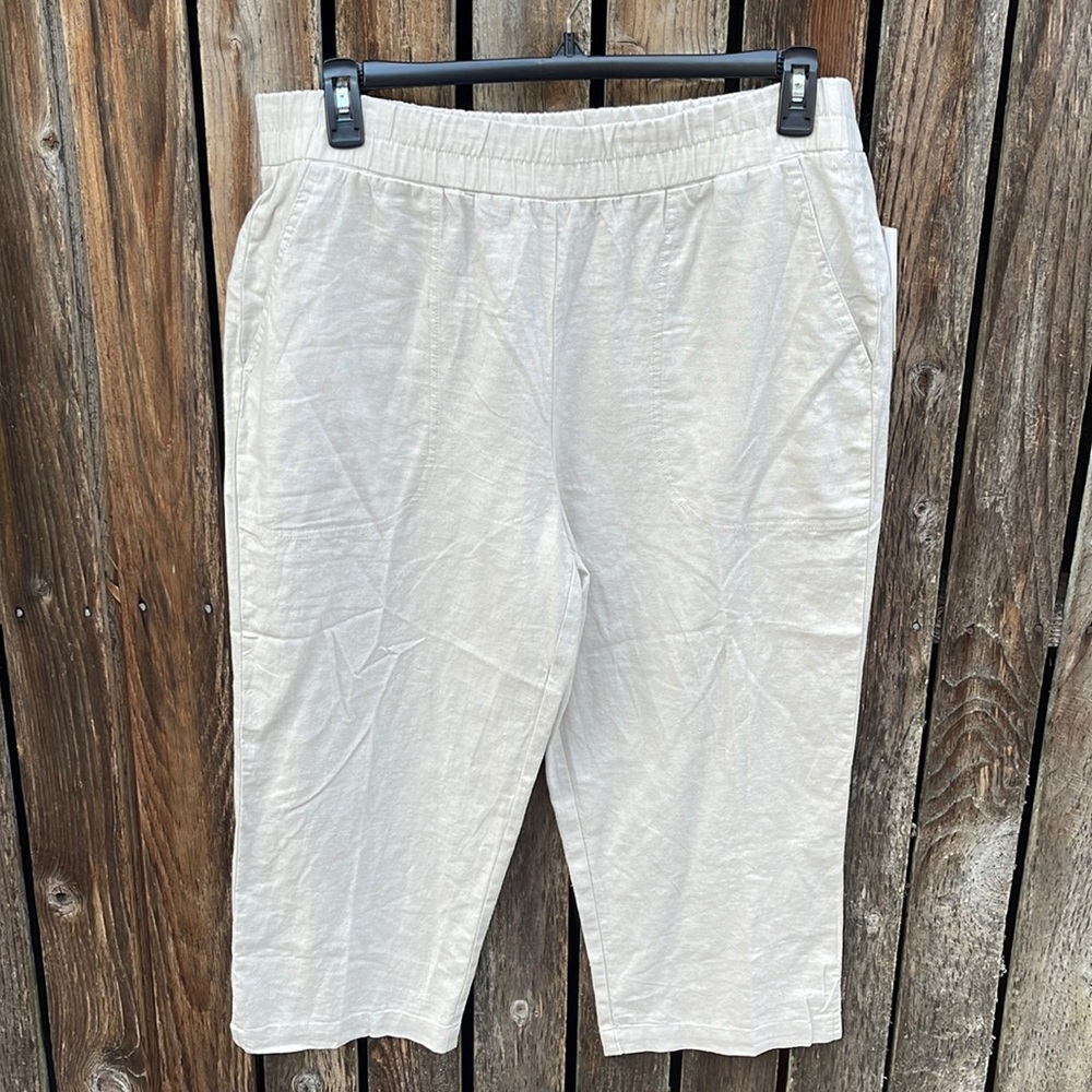 Land ‘N Sea Linen Cropped Pants Straight Leg Pull On Pockets Nwt New Oatmeal